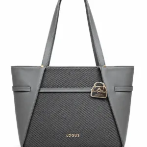 LOGUS Grey Textured Women’s Tote Handbag with Gold-Tone Hardware, Front Zip Pocket and Comfortable Shoulder Handles