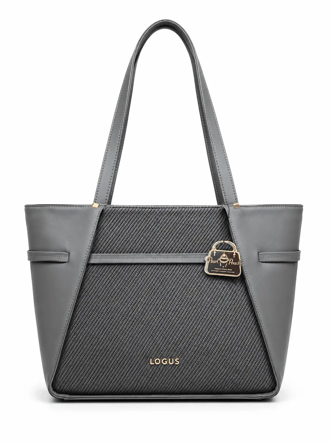 LOGUS Black Textured Panel Premium Shoulder Tote Bag LOGUS Grey Textured Women’s Tote Handbag with Gold-Tone Hardware, Front Zip Pocket and Comfortable Shoulder Handles