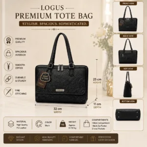 LOGUS Noir Flora black floral embossed premium handbag with dual handles and zip pocket