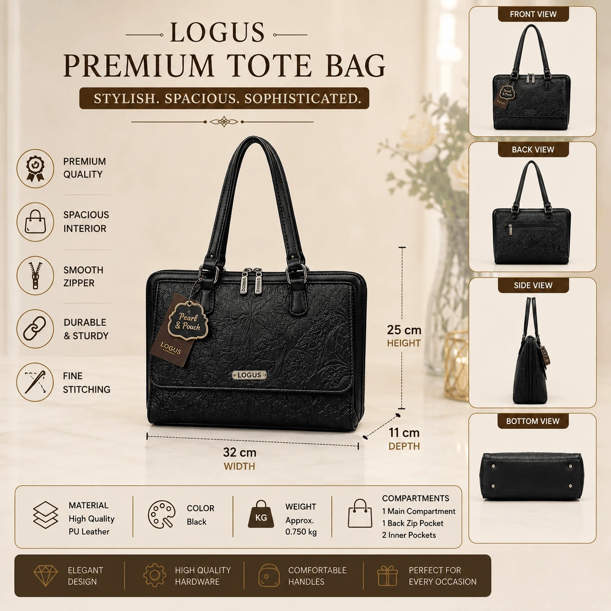 LOGUS Noir Flora Premium Handbag LOGUS Noir Flora black floral embossed premium handbag with dual handles and zip pocket
