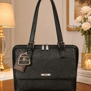LOGUS Noir Flora black floral embossed premium handbag with dual handles and front zip pocket