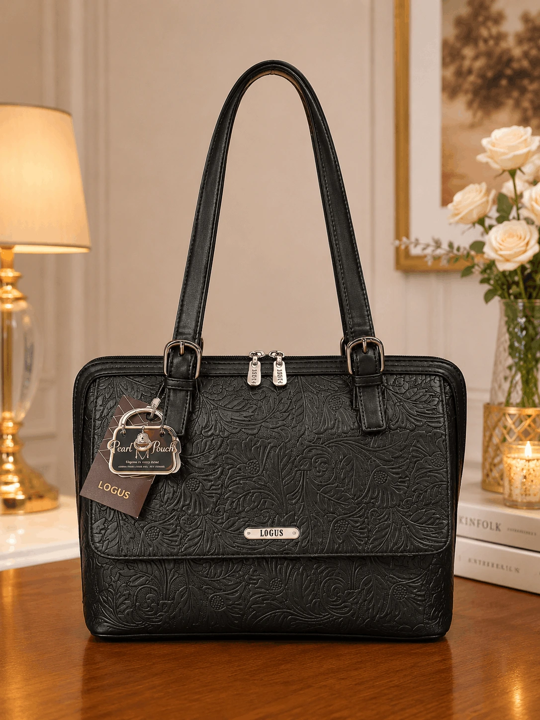 LOGUS Noir Flora Premium Handbag (5) LOGUS Noir Flora black floral embossed premium handbag with dual handles and front zip pocket