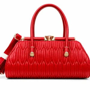 LOGUS Red Textured Handbag for Women with Premium Quilted Design, Gold-Tone Clasp and Detachable Shoulder Strap