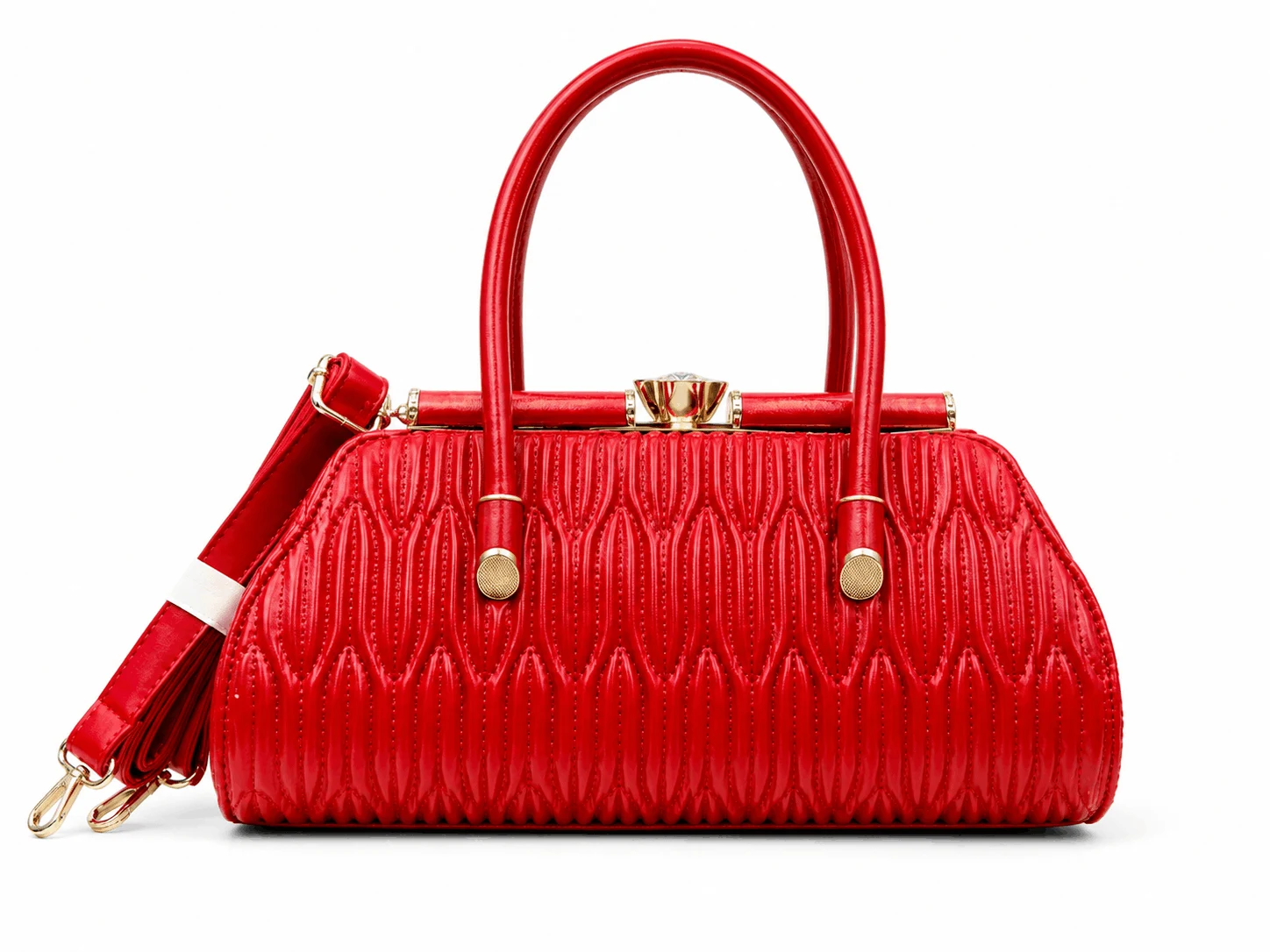 LOGUS Red Quilted Structured Top Handle Handbag with Detachable Shoulder Strap (1) LOGUS Red Textured Handbag for Women with Premium Quilted Design, Gold-Tone Clasp and Detachable Shoulder Strap