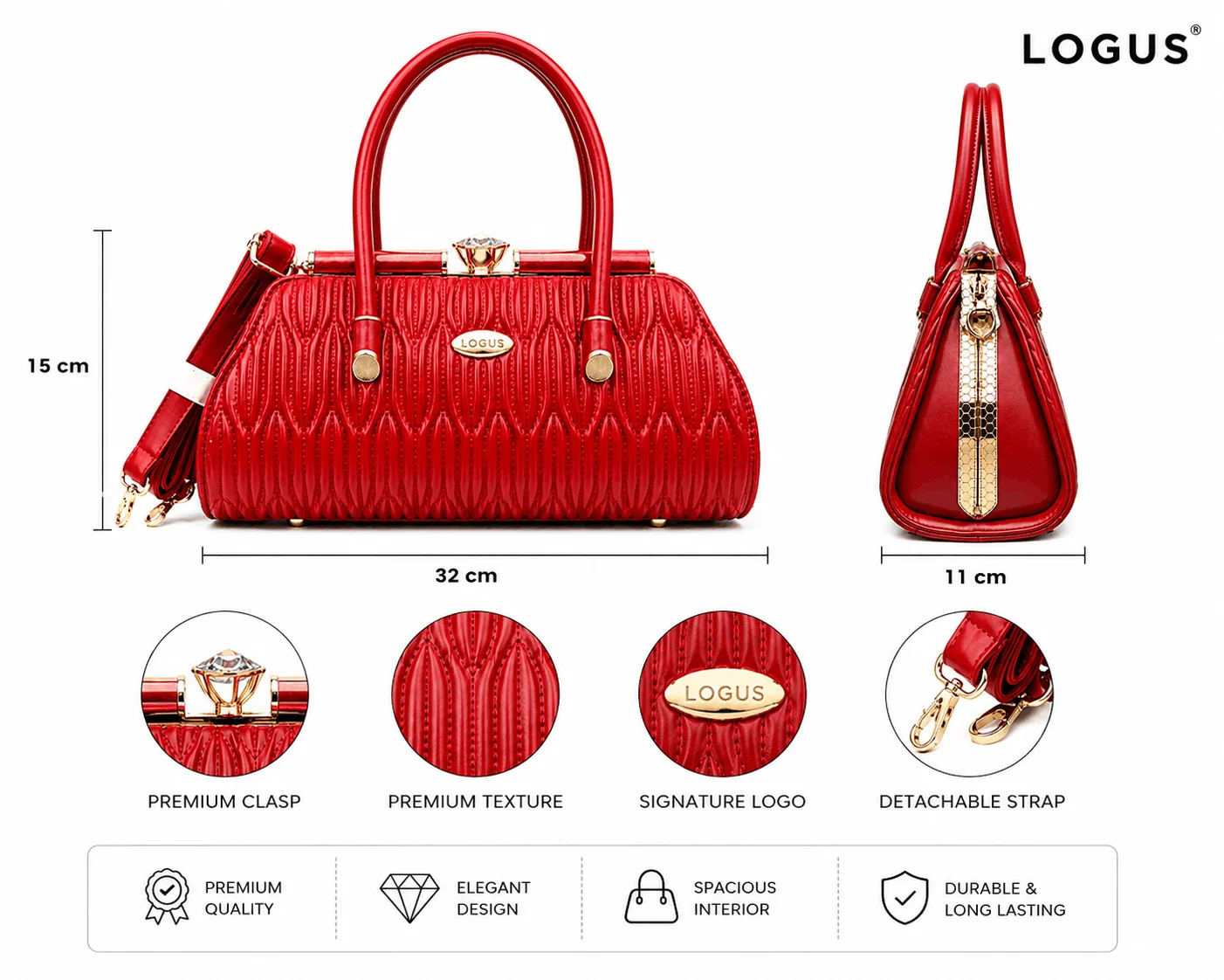 LOGUS Red Quilted Structured Top Handle Handbag with Detachable Shoulder Strap (2)