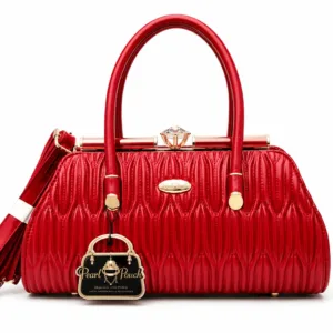 LOGUS Red Textured Handbag for Women with Premium Quilted Design, Gold-Tone Clasp and Detachable Shoulder Strap