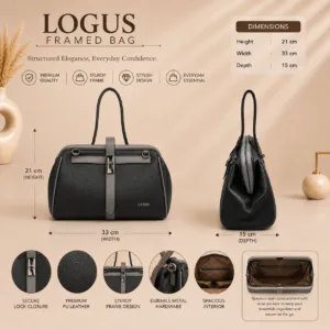 Black structured satchel handbag with secure front lock closure, premium textured PU leather and spacious interior
