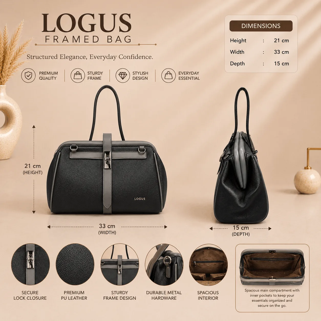 Locus Noir Premium Black Structured Top Handle Handbag Black structured satchel handbag with secure front lock closure, premium textured PU leather and spacious interior