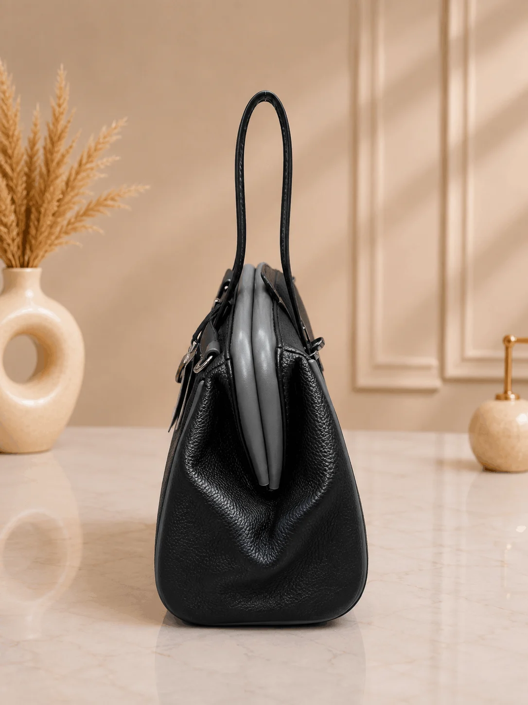 Locus Noir Premium Black Structured Top Handle Handbag (3)