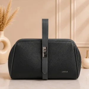 Black structured satchel handbag with secure front lock closure, premium textured PU leather and spacious interior