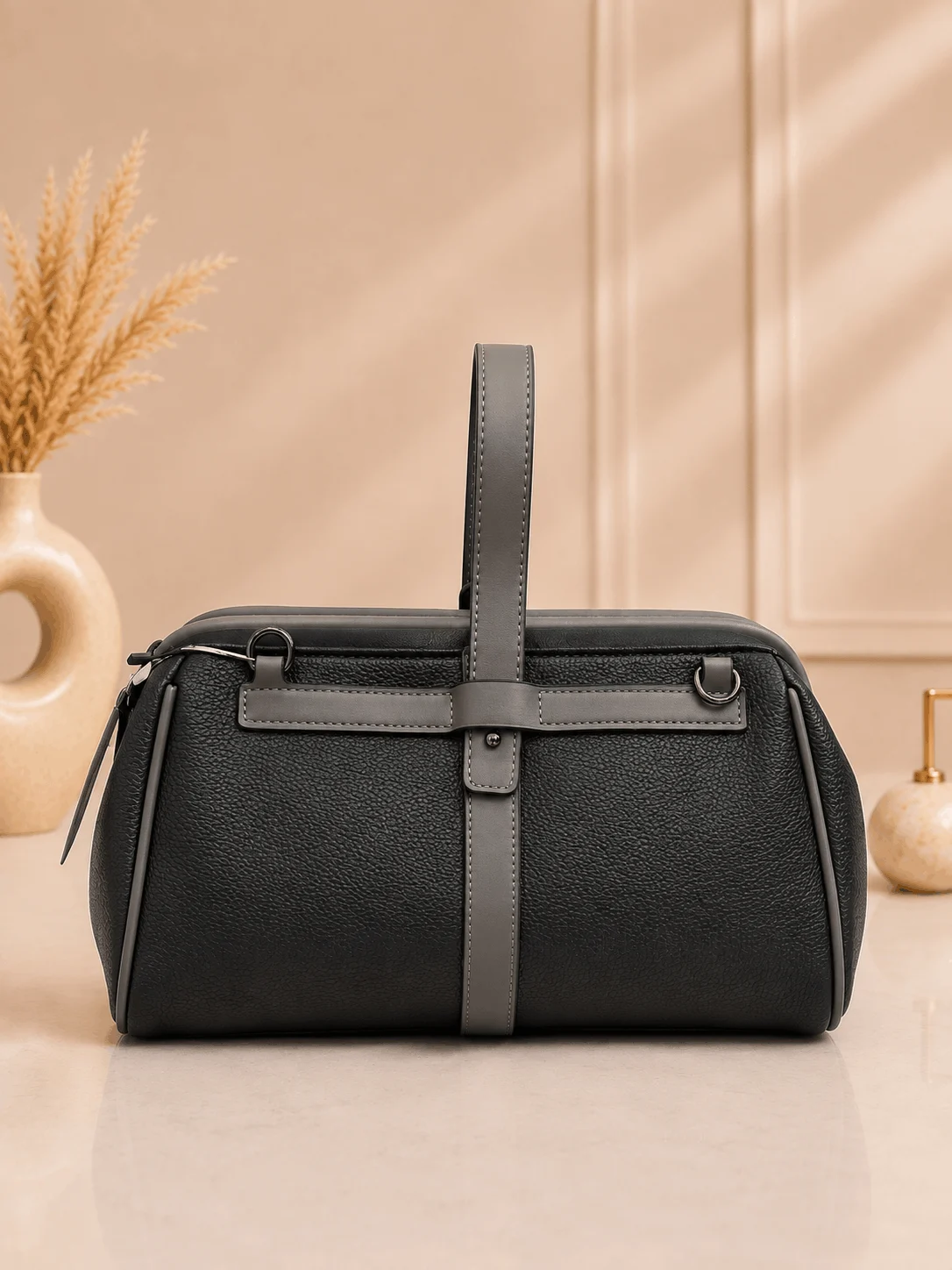 Locus Noir Premium Black Structured Top Handle Handbag (4)