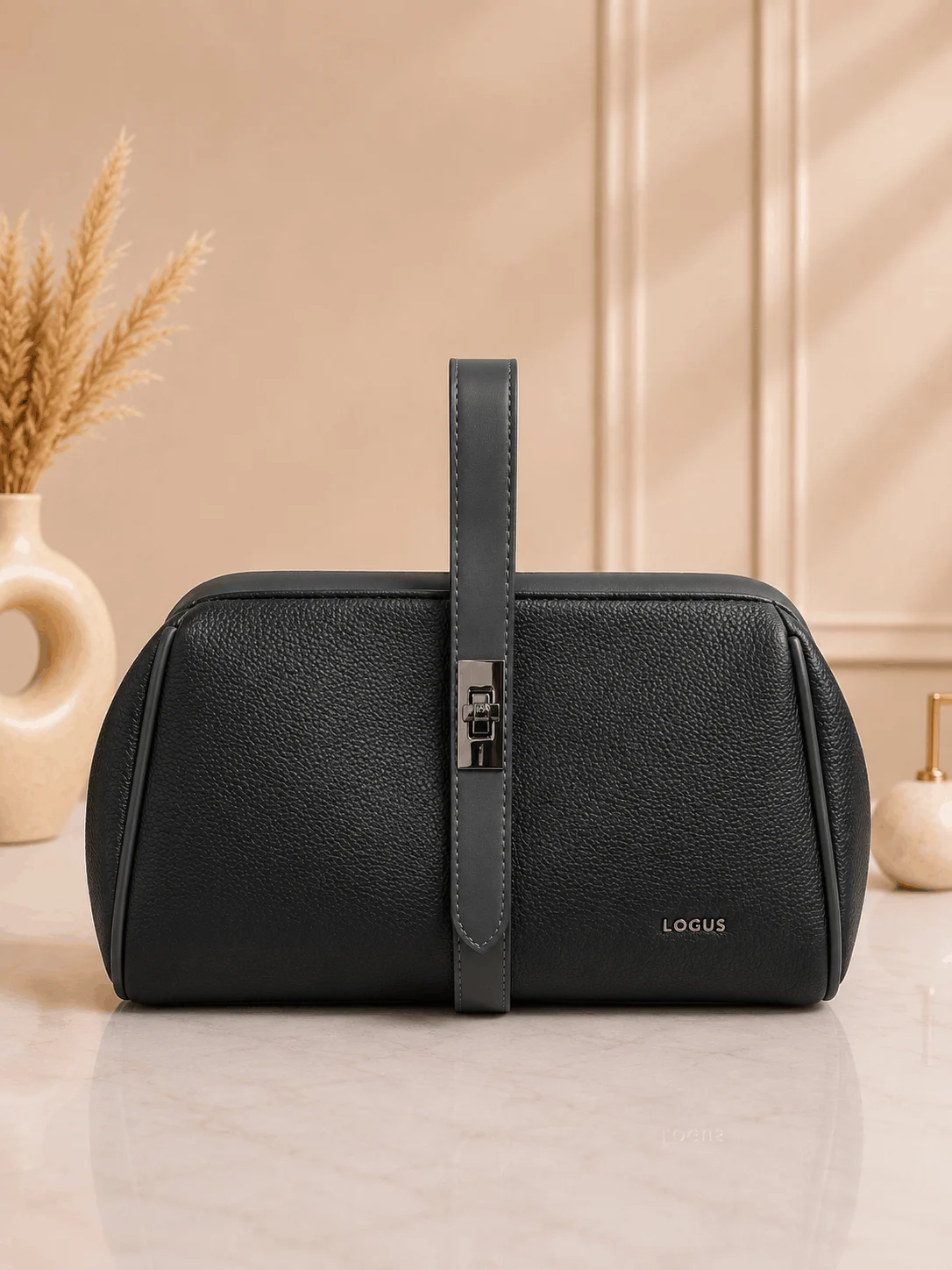 Locus Noir Premium Black Structured Top Handle Handbag Black structured satchel handbag with secure front lock closure, premium textured PU leather and spacious interior