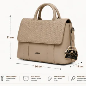 Light Beige PU Leather Women’s Satchel Handbag with Woven Flap, Top Handles and Back Zipper Pocket