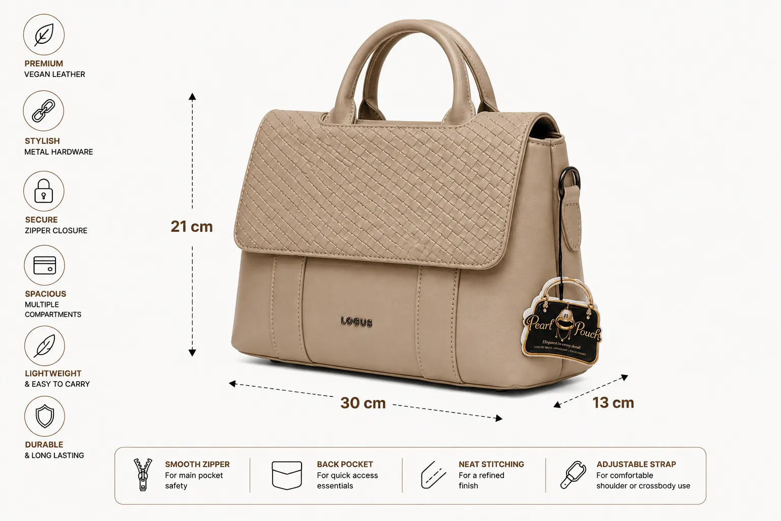 Logus Beige Woven Flap Satchel Handbag for Women with Top Handle and Shoulder Strap (2) Light Beige PU Leather Women’s Satchel Handbag with Woven Flap, Top Handles and Back Zipper Pocket