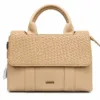 Light Beige PU Leather Women’s Satchel Handbag with Woven Flap, Top Handles and Back Zipper Pocket