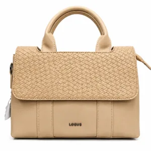 Light Beige PU Leather Women’s Satchel Handbag with Woven Flap, Top Handles and Back Zipper Pocket