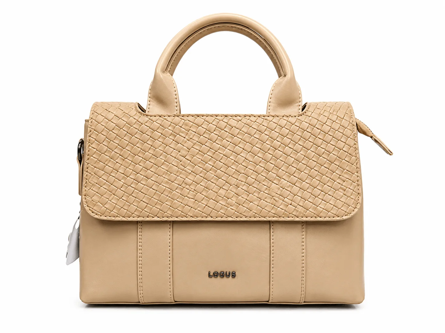 Logus Beige Woven Flap Satchel Handbag for Women with Top Handle and Shoulder Strap (3) Light Beige PU Leather Women’s Satchel Handbag with Woven Flap, Top Handles and Back Zipper Pocket