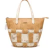 Brown and off-white woven PU leather tote handbag for women with double handles and stylish color-block design