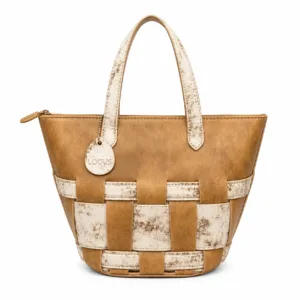 Brown and off-white woven PU leather tote handbag for women with double handles and stylish color-block design