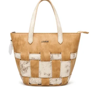 Brown and off-white woven PU leather tote handbag for women with double handles and stylish color-block design