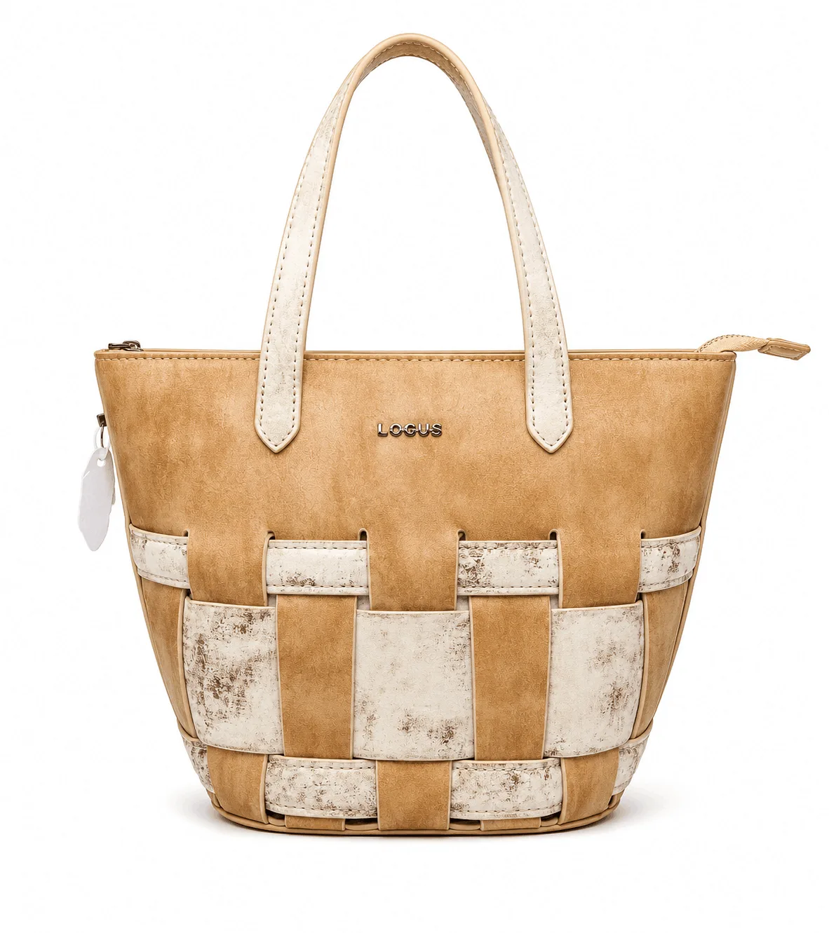 Logus Woven Luxe Tote Bag for Women Brown and off-white woven PU leather tote handbag for women with double handles and stylish color-block design