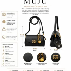 Black Women’s Shoulder Handbag with Adjustable Strap, Secure Flap Closure and Elegant Gold-Tone Chain Detail