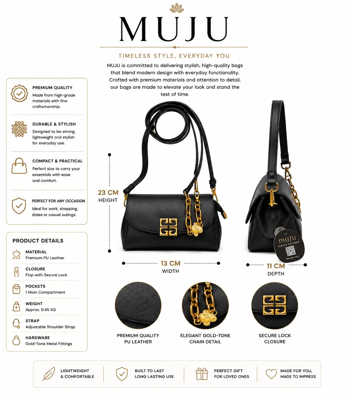 MUJU Black Structured Crossbody Bag with Gold Chain Charm (2) Black Women’s Shoulder Handbag with Adjustable Strap, Secure Flap Closure and Elegant Gold-Tone Chain Detail