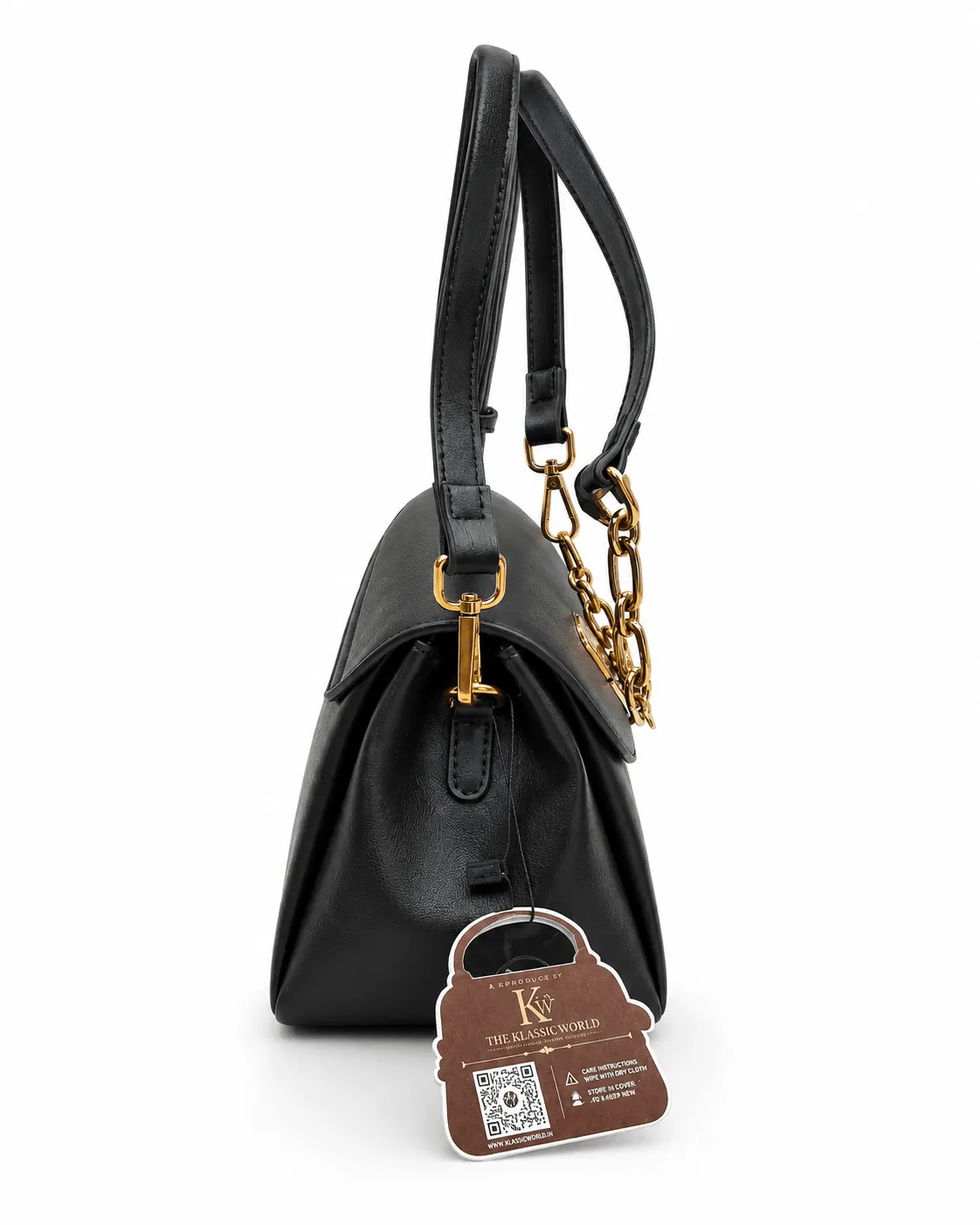 MUJU Black Structured Crossbody Bag with Gold Chain Charm (3)