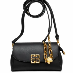 Black Women’s Shoulder Handbag with Adjustable Strap, Secure Flap Closure and Elegant Gold-Tone Chain Detail