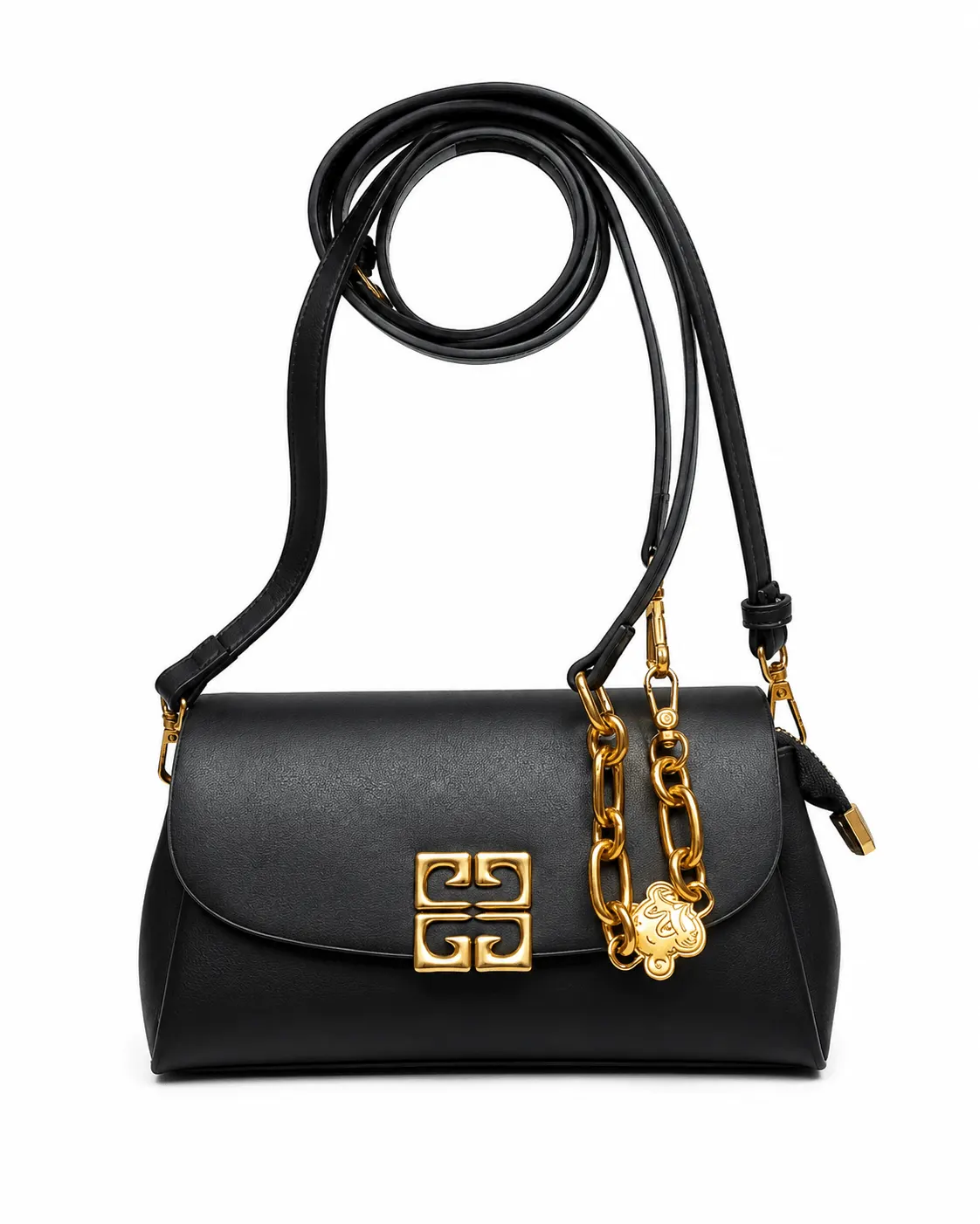 MUJU Black Structured Crossbody Bag with Gold Chain Charm (4) Black Women’s Shoulder Handbag with Adjustable Strap, Secure Flap Closure and Elegant Gold-Tone Chain Detail