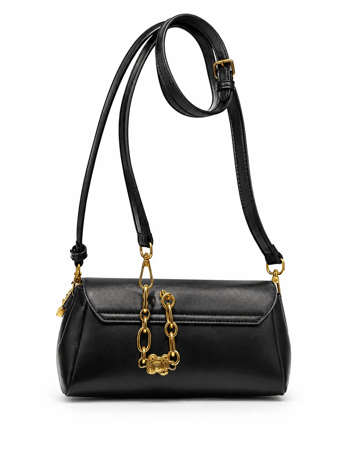 MUJU Black Structured Crossbody Bag with Gold Chain Charm