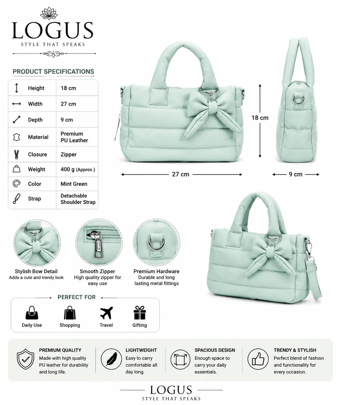Mint Green Bow Handbag for Women (3)