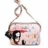 Pink printed women’s crossbody bag with adjustable shoulder strap, zip closure, cartoon artwork and spacious interior.