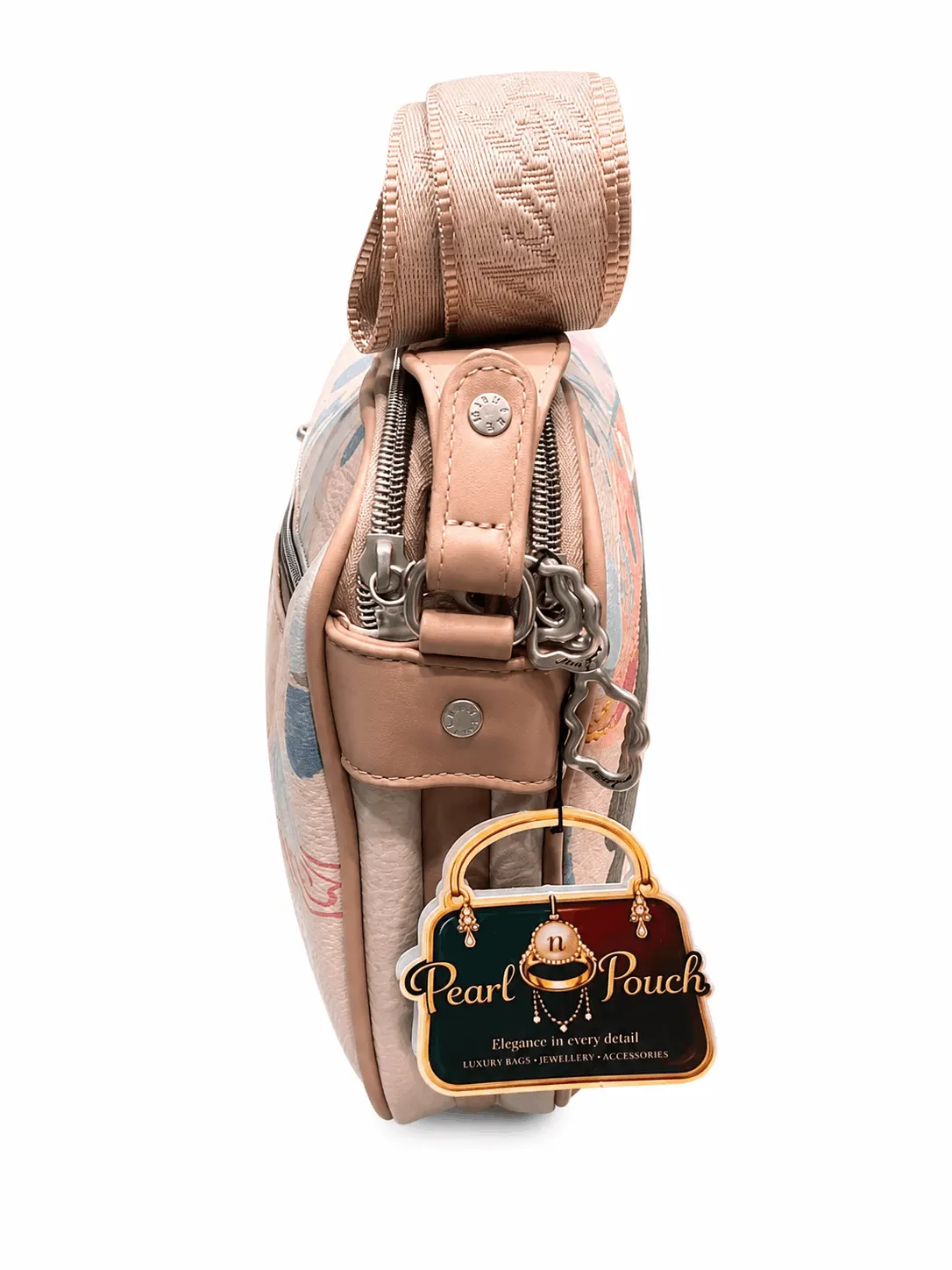 Miss Sarah Sun-Kissed Rain Crossbody Bag (2) Pink printed women’s crossbody bag with adjustable shoulder strap, zip closure, cartoon artwork and spacious interior.