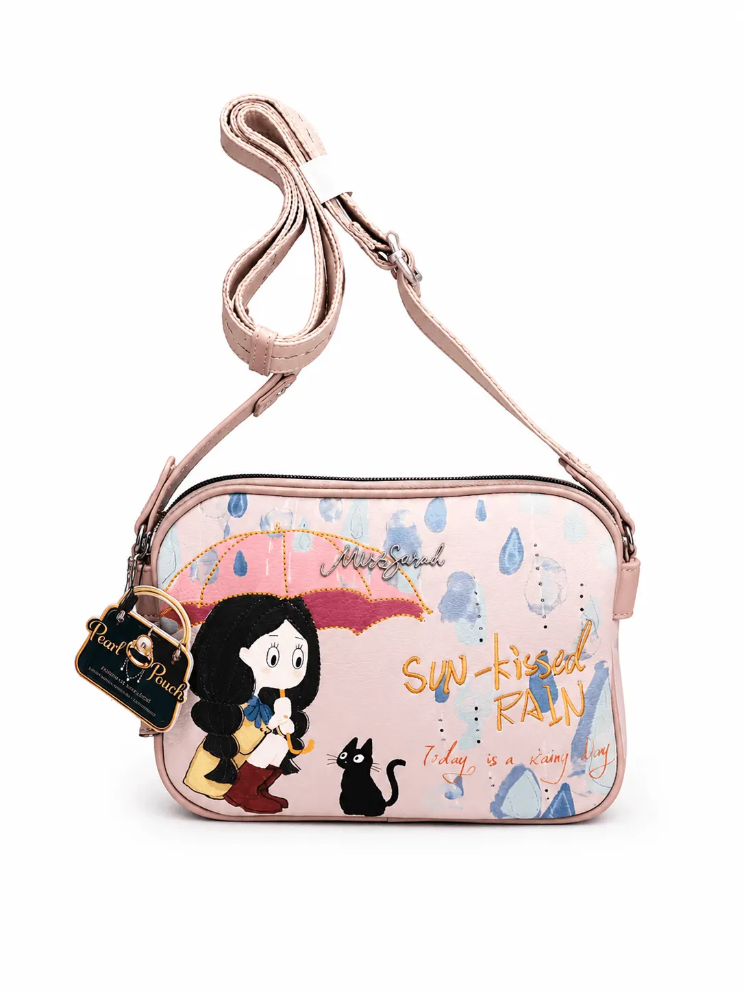 Miss Sarah Sun-Kissed Rain Crossbody Bag Pink printed women’s crossbody bag with adjustable shoulder strap, zip closure, cartoon artwork and spacious interior.
