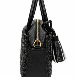 Pearl n Pouch elegant black woven PU leather handbag with tassel charm, top handles, secure zip closure and stylish textured design.