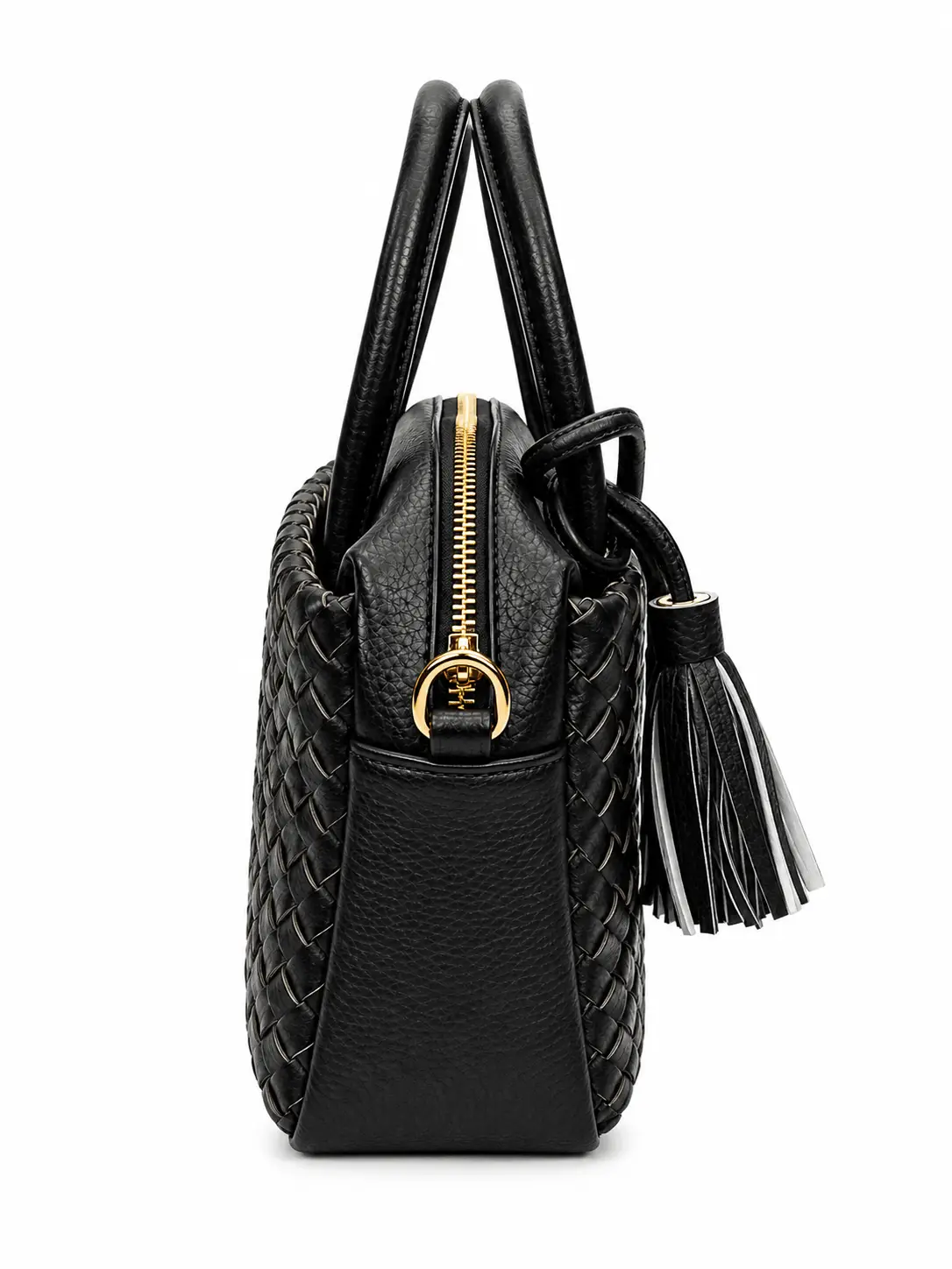 Pearl n Pouch Elegant Black Woven PU Leather Handbag with Tassel (2) Pearl n Pouch elegant black woven PU leather handbag with tassel charm, top handles, secure zip closure and stylish textured design.