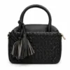 Pearl n Pouch elegant black woven PU leather handbag with tassel charm, top handles, secure zip closure and stylish textured design.
