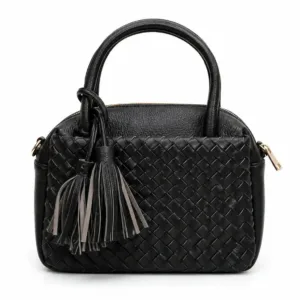 Pearl n Pouch elegant black woven PU leather handbag with tassel charm, top handles, secure zip closure and stylish textured design.