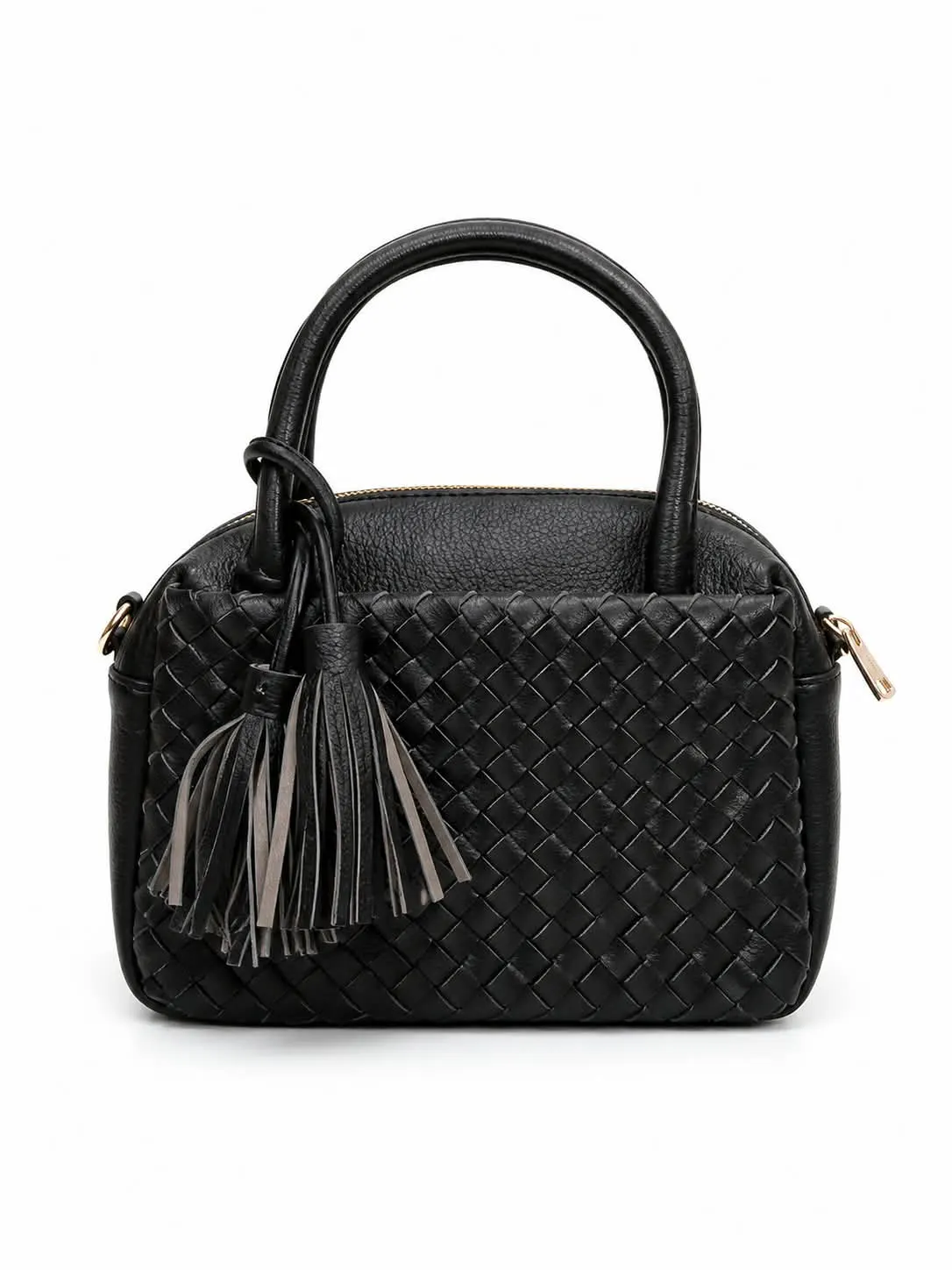 Pearl n Pouch Elegant Black Woven PU Leather Handbag with Tassel (3) Pearl n Pouch elegant black woven PU leather handbag with tassel charm, top handles, secure zip closure and stylish textured design.