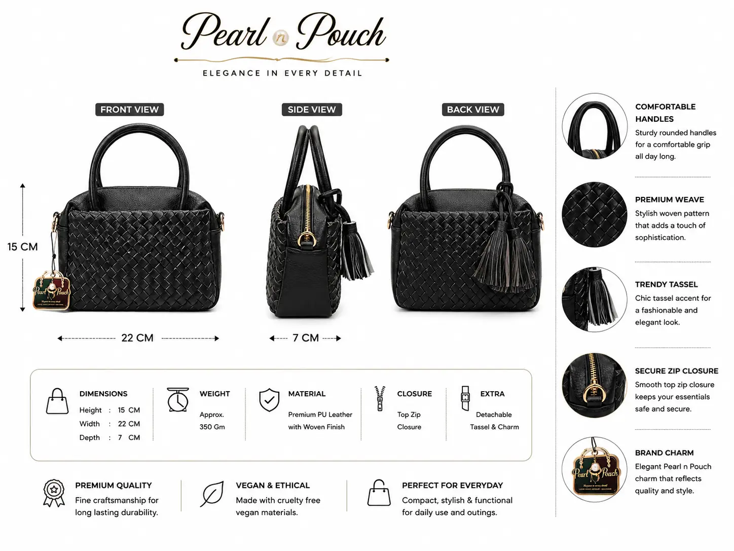 Pearl n Pouch Elegant Black Woven PU Leather Handbag with Tassel (4)