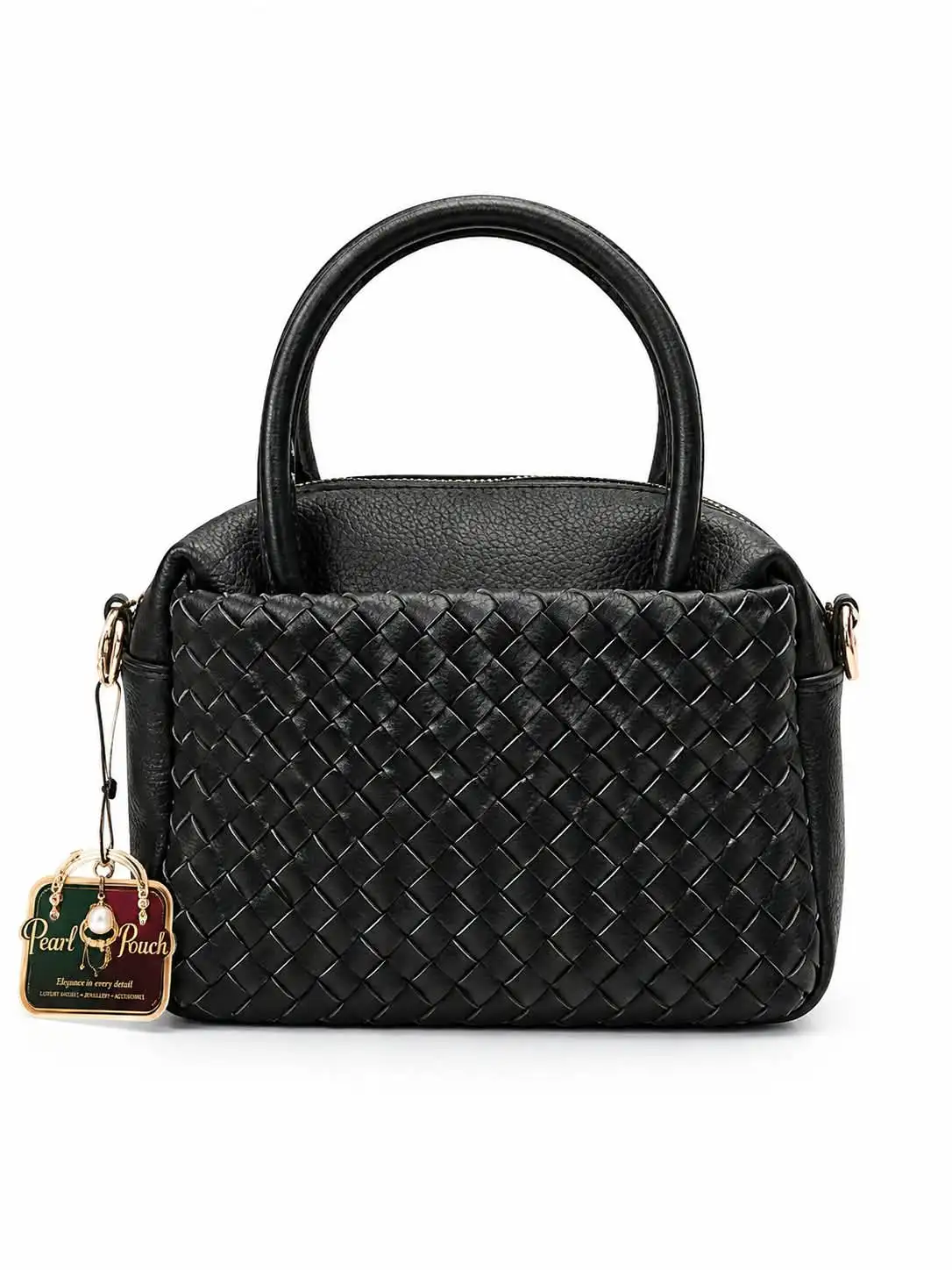 Pearl n Pouch Elegant Black Woven PU Leather Handbag with Tassel