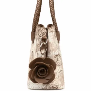 Premium floral print satchel handbag for women with braided top handles, brown accents, zipper closure and decorative flower charm.
