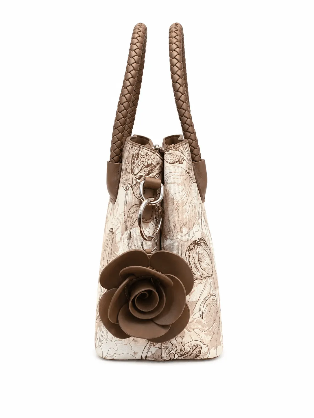 Premium Floral Print Top Handle Satchel Bag for Women with Braided Handles & Shoulder Strap (2) Premium floral print satchel handbag for women with braided top handles, brown accents, zipper closure and decorative flower charm.