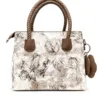 Premium floral print satchel handbag for women with braided top handles, brown accents, zipper closure and decorative flower charm