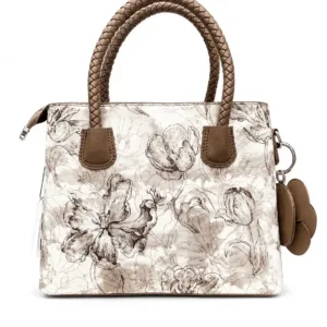 Premium floral print satchel handbag for women with braided top handles, brown accents, zipper closure and decorative flower charm