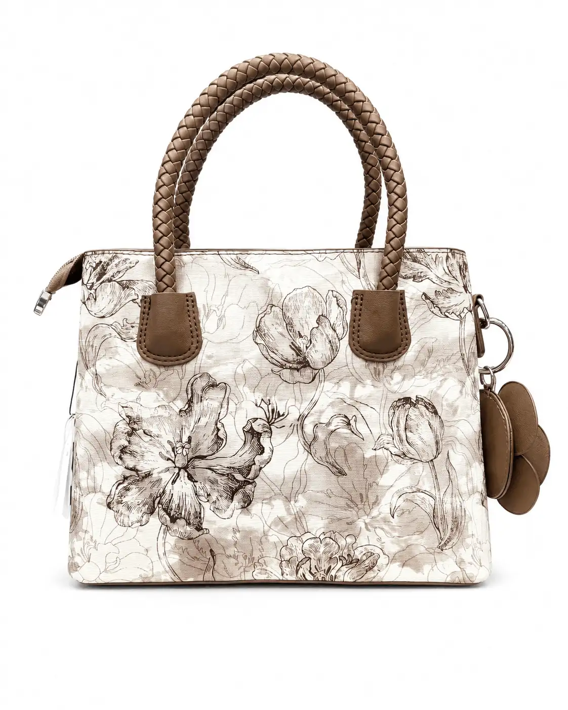 Premium Floral Print Top Handle Satchel Bag for Women with Braided Handles & Shoulder Strap (4) Premium floral print satchel handbag for women with braided top handles, brown accents, zipper closure and decorative flower charm