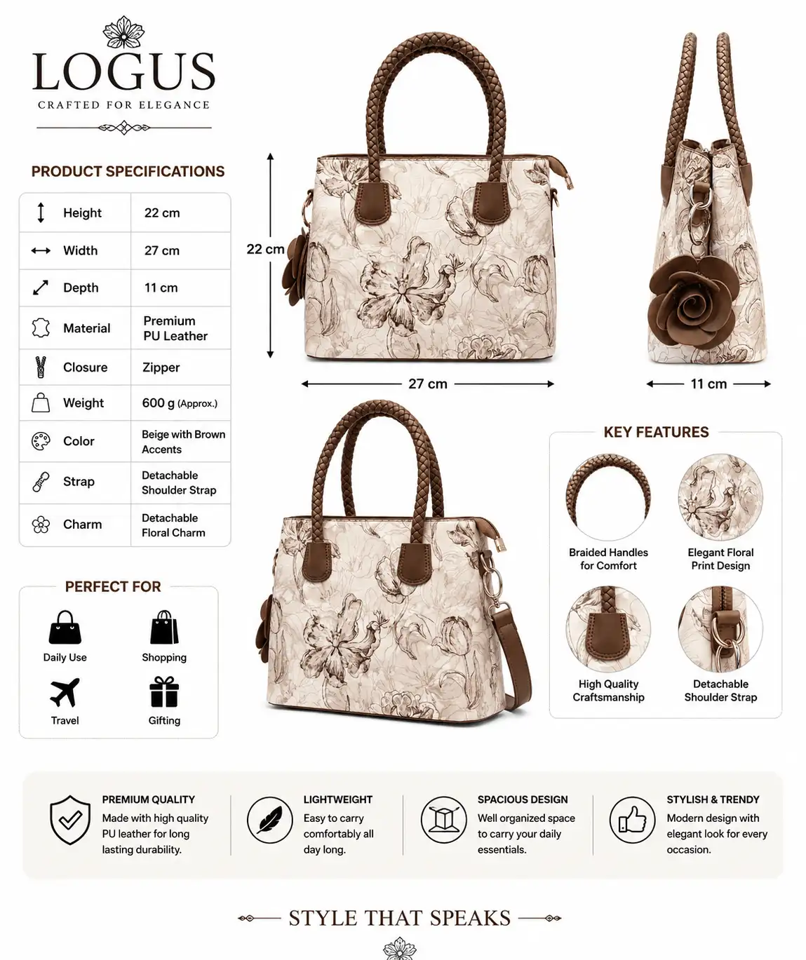 Premium Floral Print Top Handle Satchel Bag for Women with Braided Handles & Shoulder Strap