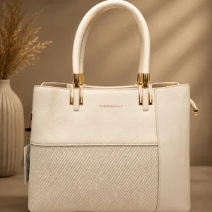 Ivory textured top handle tote bag for women with an elegant structured design, stylish patterned front panel and premium gold-tone hardware.