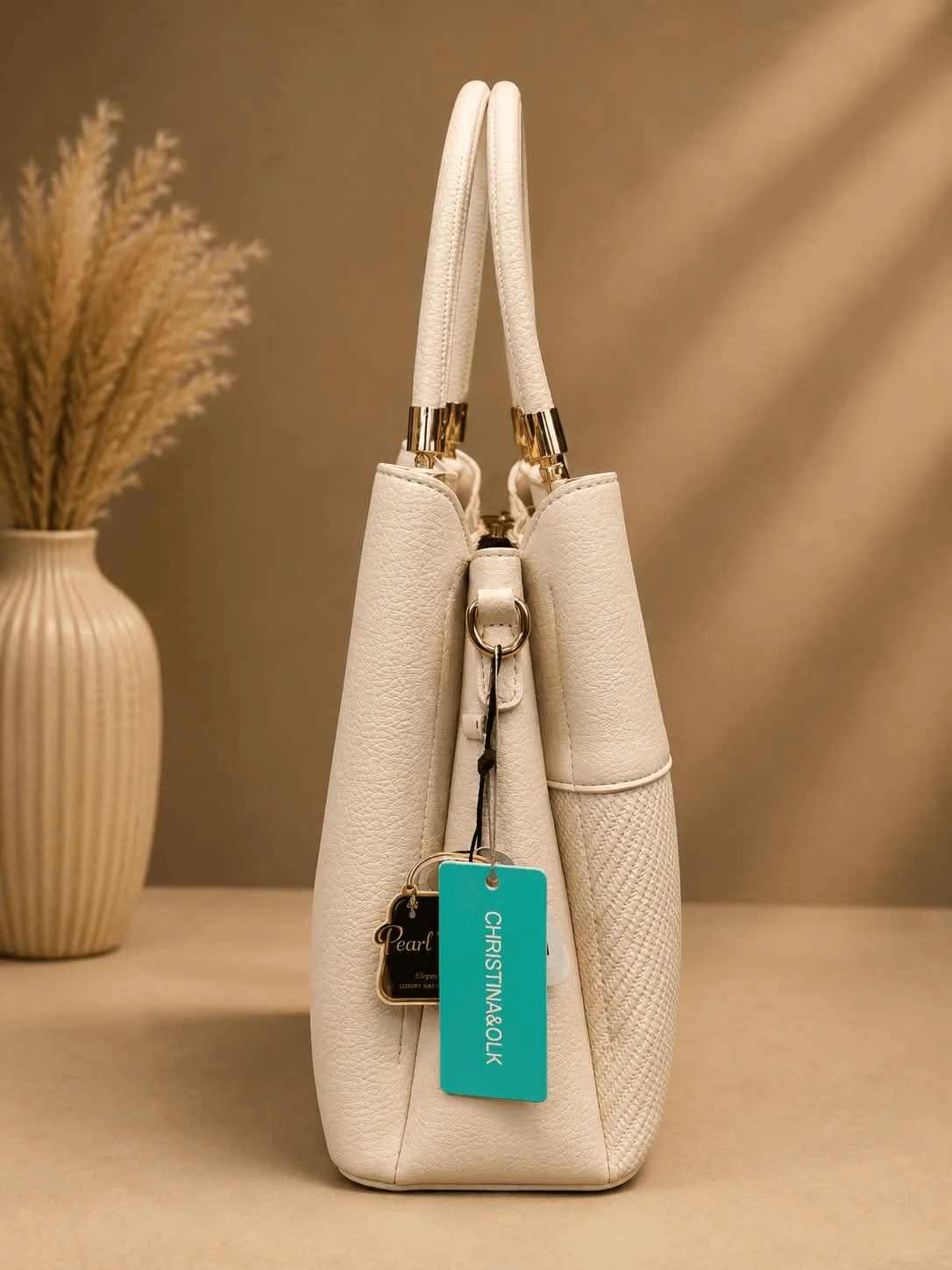 Premium Ivory Textured Top Handle Tote Bag for Women (4)